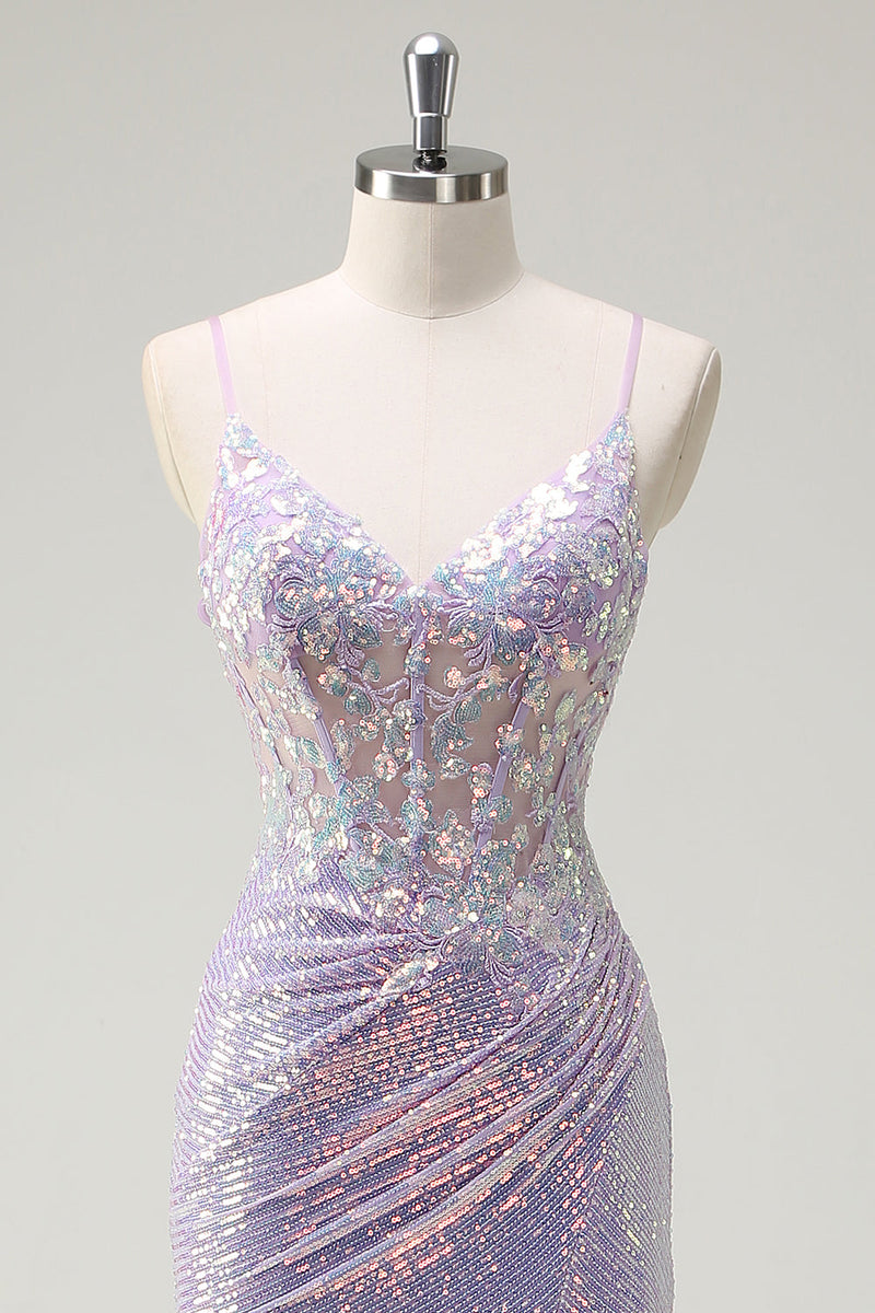 Laden Sie das Bild in den Galerie-Viewer, Glitzer Korsett Lila Meerjungfrau Spaghettiträger Langes Ballkleid mit Schlitz