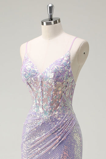 Glitzer Korsett Lila Meerjungfrau Spaghettiträger Langes Ballkleid mit Schlitz