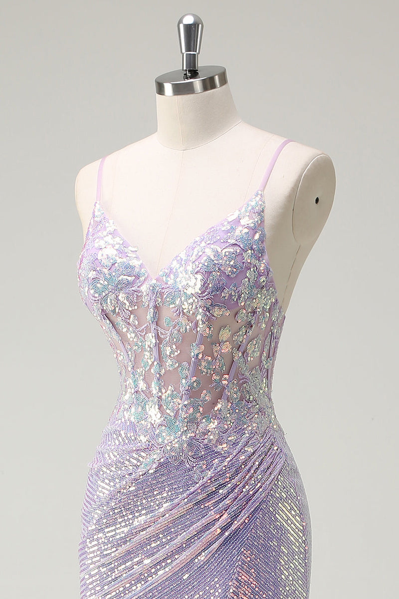 Laden Sie das Bild in den Galerie-Viewer, Glitzer Korsett Lila Meerjungfrau Spaghettiträger Langes Ballkleid mit Schlitz