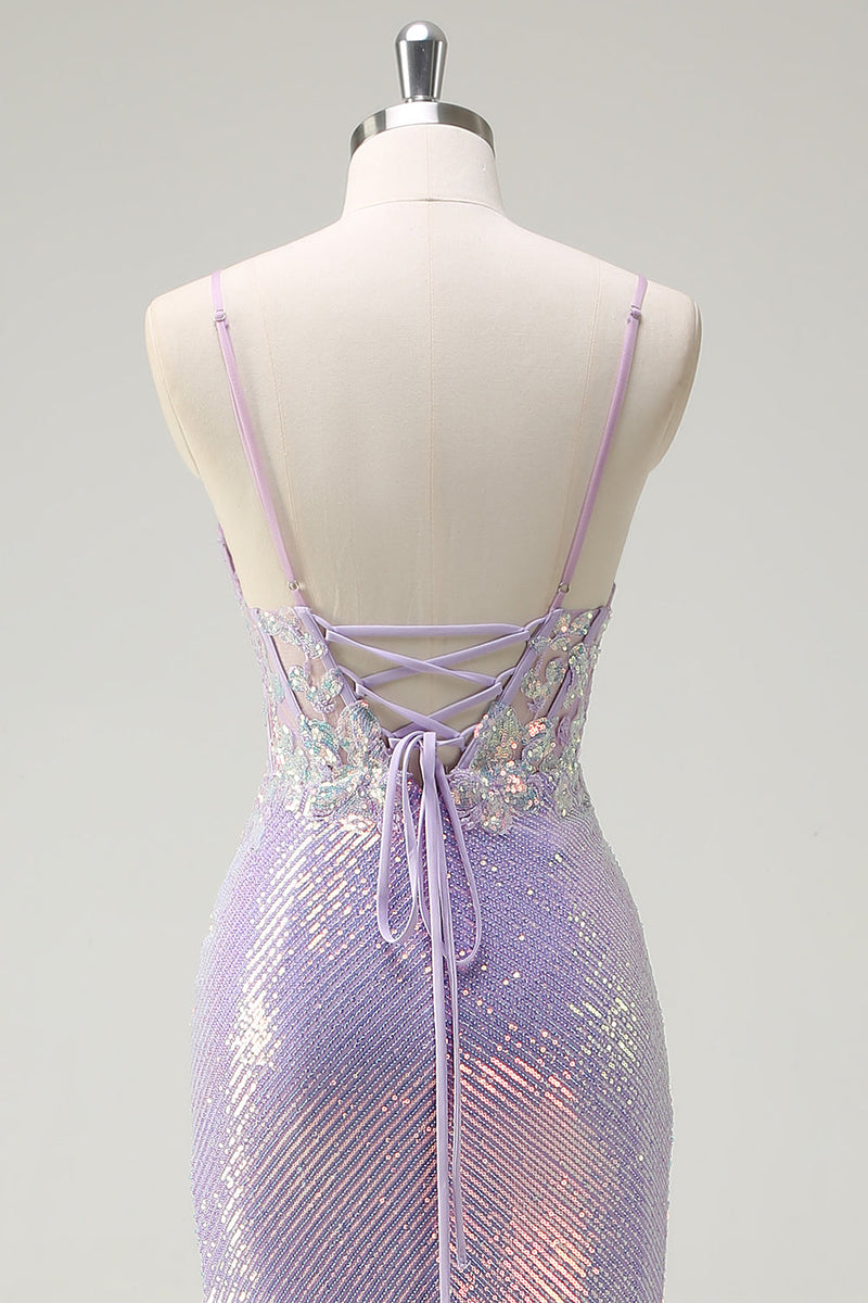 Laden Sie das Bild in den Galerie-Viewer, Glitzer Korsett Lila Meerjungfrau Spaghettiträger Langes Ballkleid mit Schlitz