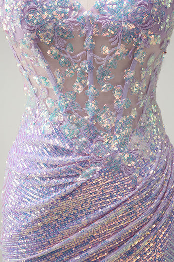 Glitzer Korsett Lila Meerjungfrau Spaghettiträger Langes Ballkleid mit Schlitz