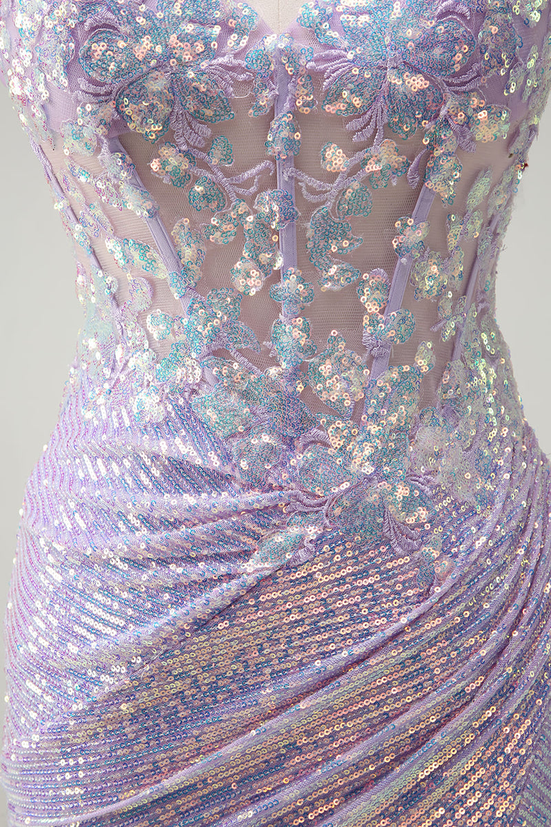 Laden Sie das Bild in den Galerie-Viewer, Glitzer Korsett Lila Meerjungfrau Spaghettiträger Langes Ballkleid mit Schlitz