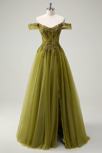 A Linie Armee Grün Schulterfreies Langes Ballkleid mit Schlitz