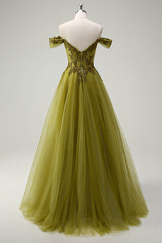 A Linie Armee Grün Schulterfreies Langes Ballkleid mit Schlitz