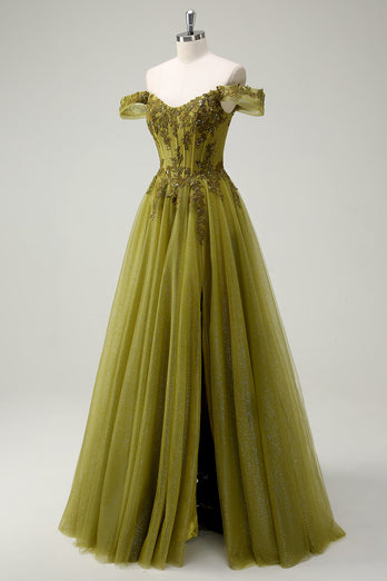 A Linie Armee Grün Schulterfreies Langes Ballkleid mit Schlitz