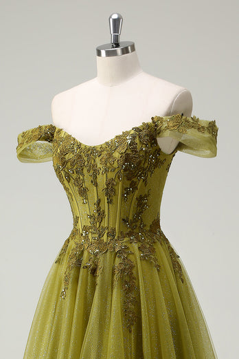 A Linie Armee Grün Schulterfreies Langes Ballkleid mit Schlitz