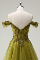 Laden Sie das Bild in den Galerie-Viewer, A Linie Armee Grün Schulterfreies Langes Ballkleid mit Schlitz