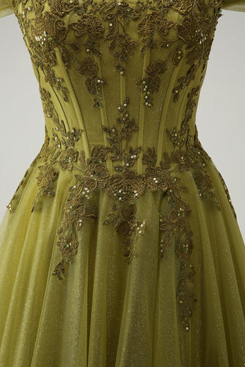 A Linie Armee Grün Schulterfreies Langes Ballkleid mit Schlitz