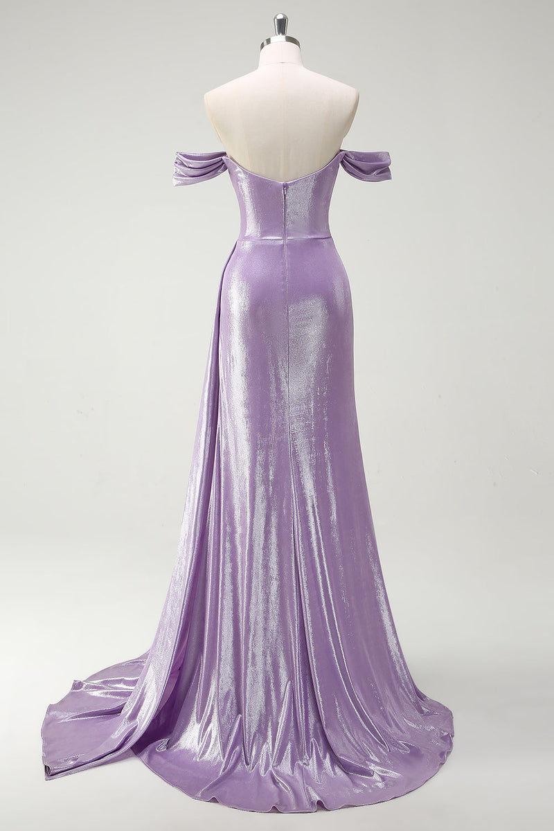 Laden Sie das Bild in den Galerie-Viewer, Schulterfreies schulterfreies Flieder-Ballkleid mit Rüschen und Schlitz