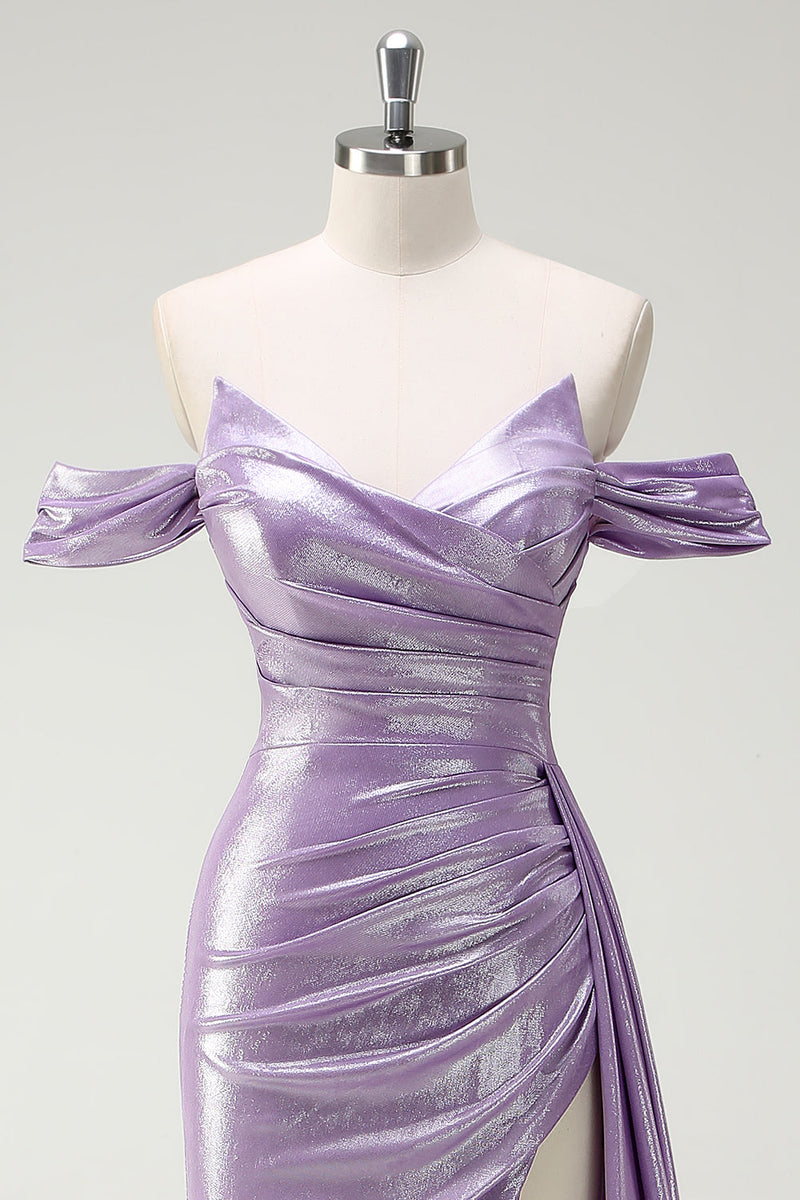 Laden Sie das Bild in den Galerie-Viewer, Schulterfreies schulterfreies Flieder-Ballkleid mit Rüschen und Schlitz