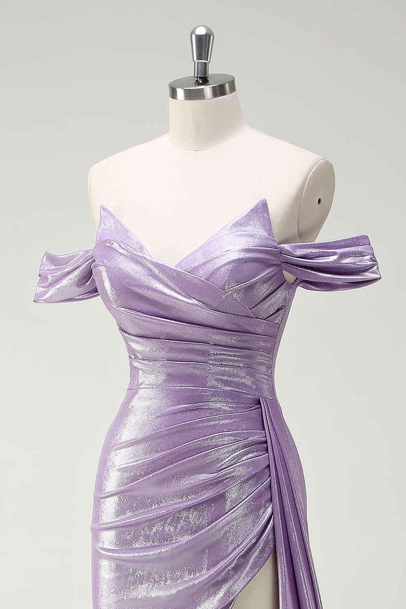 Laden Sie das Bild in den Galerie-Viewer, Schulterfreies schulterfreies Flieder-Ballkleid mit Rüschen und Schlitz