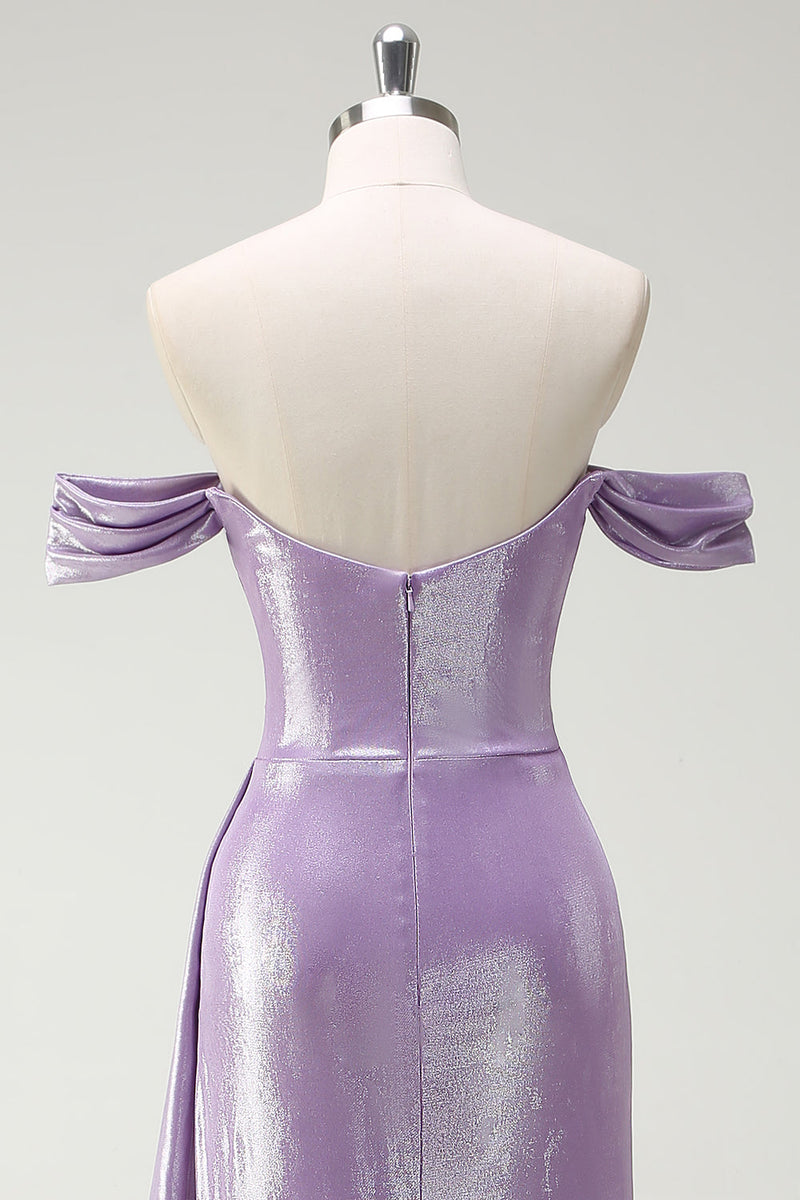 Laden Sie das Bild in den Galerie-Viewer, Schulterfreies schulterfreies Flieder-Ballkleid mit Rüschen und Schlitz