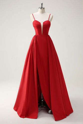 Rote Spaghettiträger A Linie Korsett Langes Ballkleid mit Schlitz