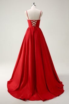 Rote Spaghettiträger A Linie Korsett Langes Ballkleid mit Schlitz