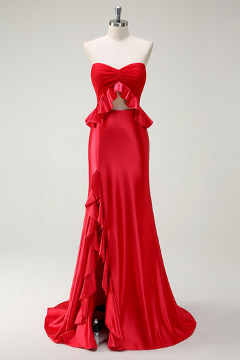 Rote Herzhals Meerjungfrau Satin Langes Ballkleid mit Schlitz