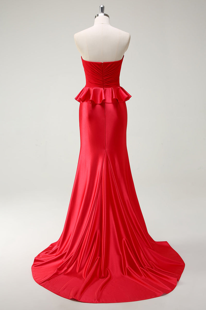 Laden Sie das Bild in den Galerie-Viewer, Rote Herzhals Meerjungfrau Satin Langes Ballkleid mit Schlitz