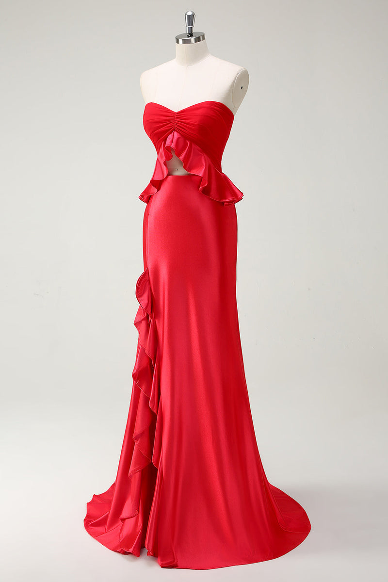 Laden Sie das Bild in den Galerie-Viewer, Rote Herzhals Meerjungfrau Satin Langes Ballkleid mit Schlitz
