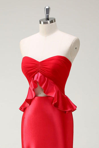 Rote Herzhals Meerjungfrau Satin Langes Ballkleid mit Schlitz