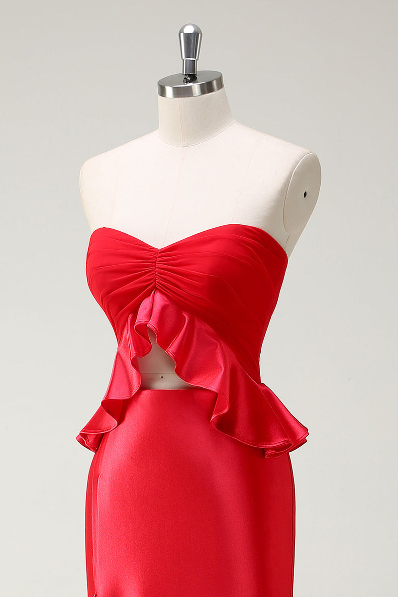 Laden Sie das Bild in den Galerie-Viewer, Rote Herzhals Meerjungfrau Satin Langes Ballkleid mit Schlitz