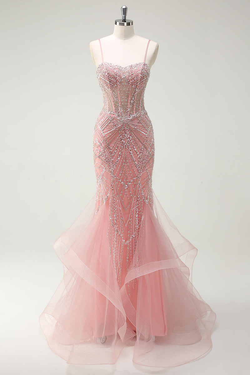 Laden Sie das Bild in den Galerie-Viewer, Funkelndes Rosa Meerjungfrau Spaghettiträger Korsett Langes Ballkleid