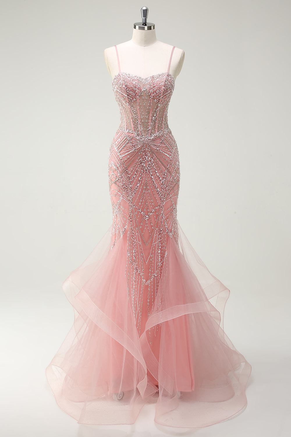 Funkelndes Rosa Meerjungfrau Spaghettiträger Korsett Langes Ballkleid