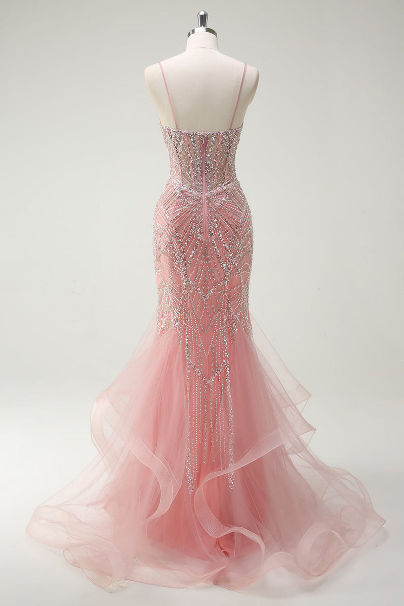 Laden Sie das Bild in den Galerie-Viewer, Funkelndes Rosa Meerjungfrau Spaghettiträger Korsett Langes Ballkleid