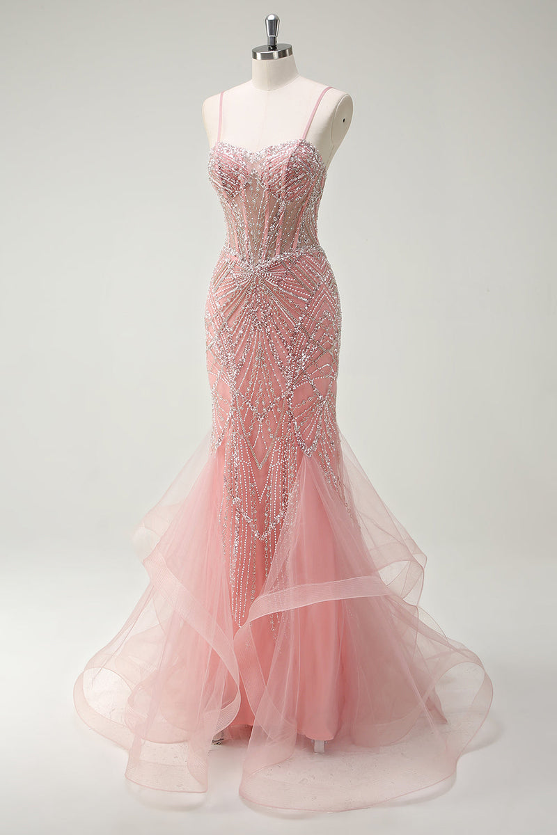 Laden Sie das Bild in den Galerie-Viewer, Funkelndes Rosa Meerjungfrau Spaghettiträger Korsett Langes Ballkleid