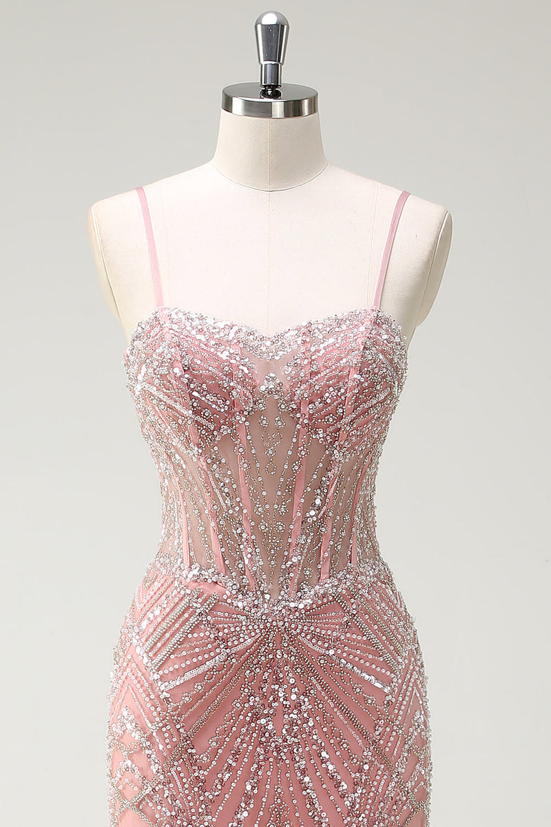 Laden Sie das Bild in den Galerie-Viewer, Funkelndes Rosa Meerjungfrau Spaghettiträger Korsett Langes Ballkleid