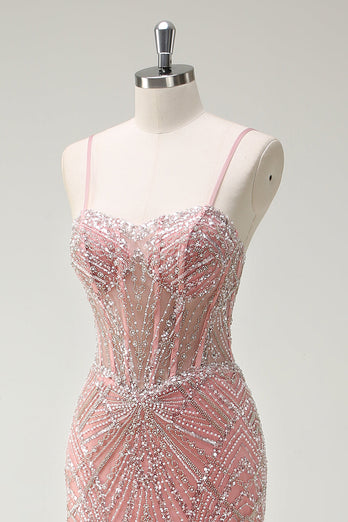 Funkelndes Rosa Meerjungfrau Spaghettiträger Korsett Langes Ballkleid