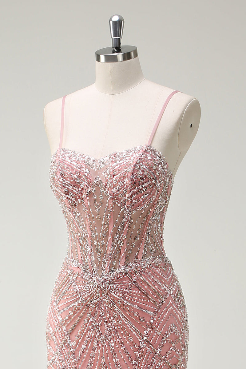 Laden Sie das Bild in den Galerie-Viewer, Funkelndes Rosa Meerjungfrau Spaghettiträger Korsett Langes Ballkleid