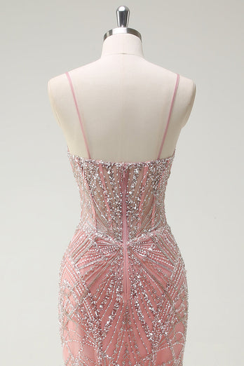 Funkelndes Rosa Meerjungfrau Spaghettiträger Korsett Langes Ballkleid