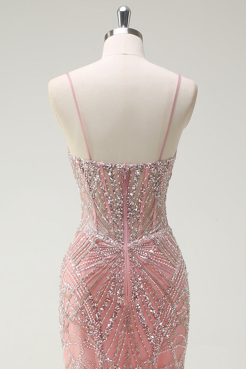 Laden Sie das Bild in den Galerie-Viewer, Funkelndes Rosa Meerjungfrau Spaghettiträger Korsett Langes Ballkleid