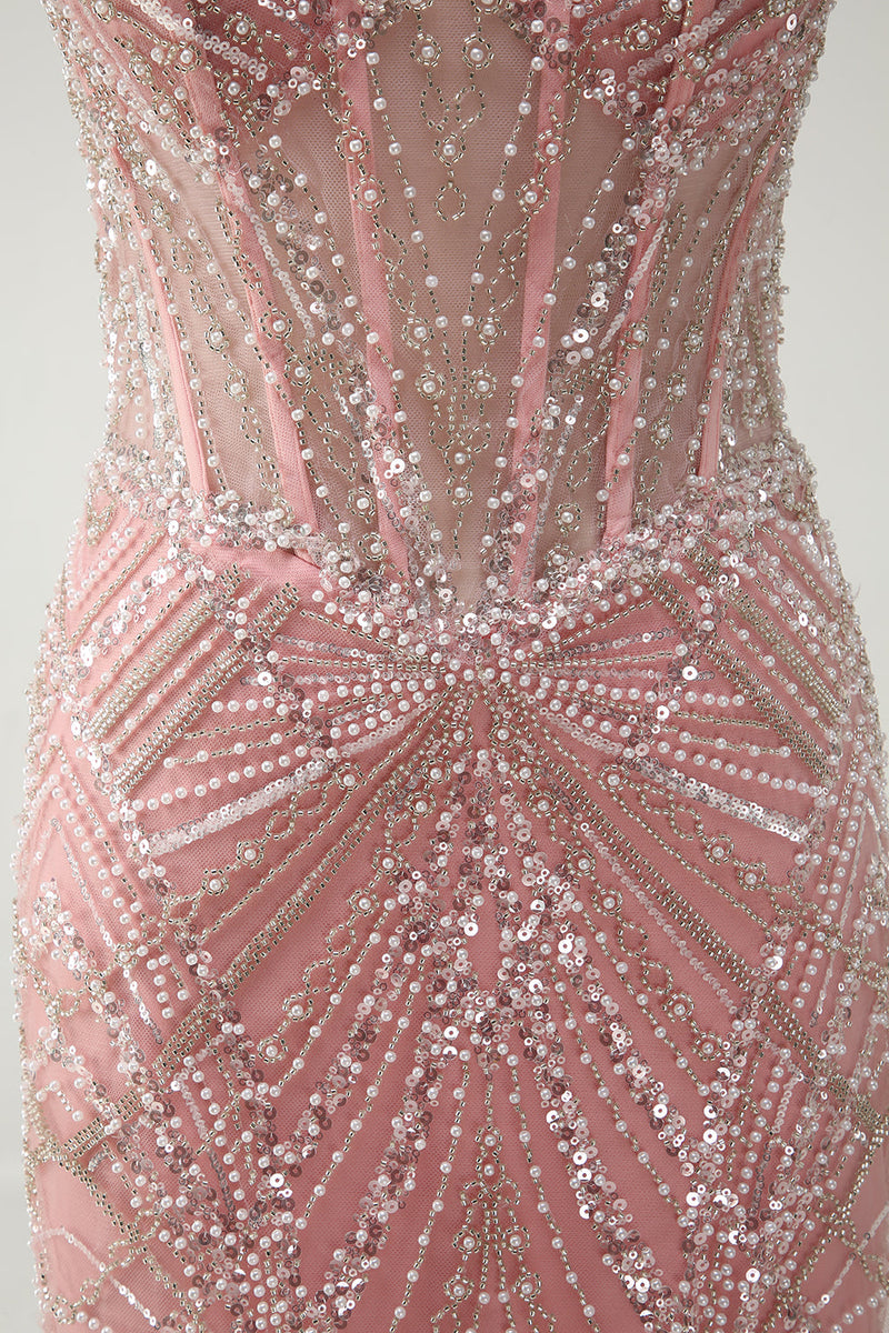 Laden Sie das Bild in den Galerie-Viewer, Funkelndes Rosa Meerjungfrau Spaghettiträger Korsett Langes Ballkleid