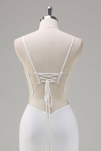 Weißes Meerjungfrauen Spaghettiträge Korsett Langes Ballkleid mit Schnürung Hinten
