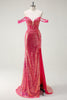 Laden Sie das Bild in den Galerie-Viewer, Glitzer Fuchsia Meerjungfrauen Rückenfrei Korsett Langes Ballkleid mit Schlitz