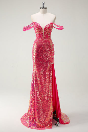 Glitzer Fuchsia Meerjungfrauen Rückenfrei Korsett Langes Ballkleid mit Schlitz