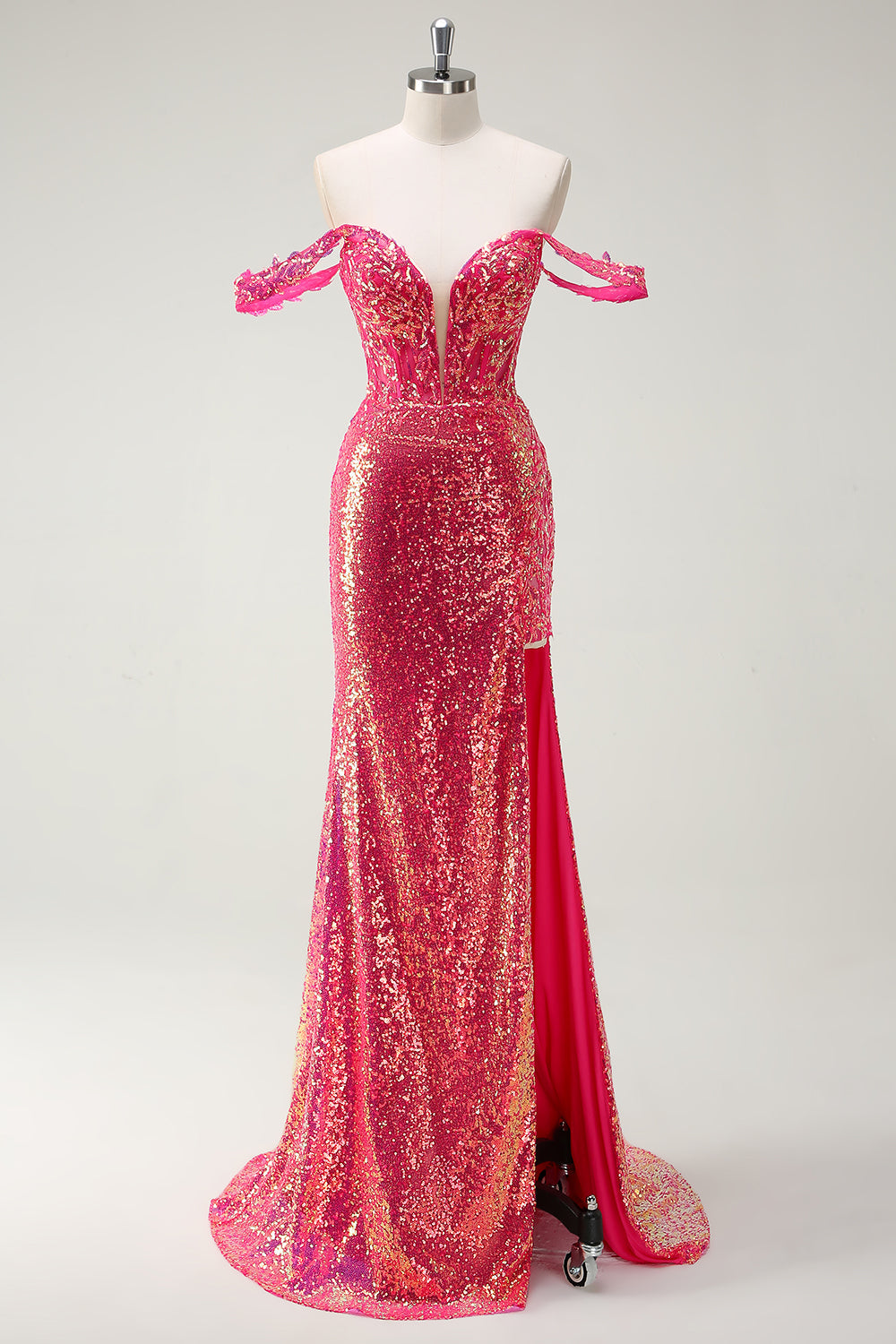 Glitzer Fuchsia Meerjungfrauen Rückenfrei Korsett Langes Ballkleid mit Schlitz