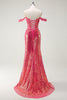 Laden Sie das Bild in den Galerie-Viewer, Glitzer Fuchsia Meerjungfrauen Rückenfrei Korsett Langes Ballkleid mit Schlitz