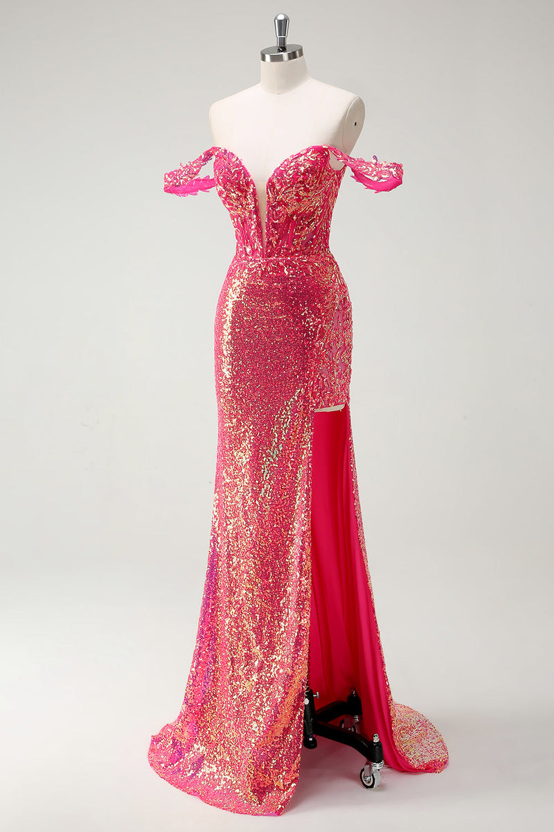 Laden Sie das Bild in den Galerie-Viewer, Glitzer Fuchsia Meerjungfrauen Rückenfrei Korsett Langes Ballkleid mit Schlitz