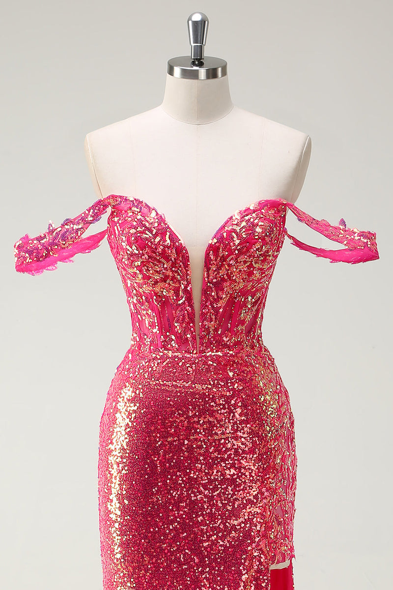 Laden Sie das Bild in den Galerie-Viewer, Glitzer Fuchsia Meerjungfrauen Rückenfrei Korsett Langes Ballkleid mit Schlitz