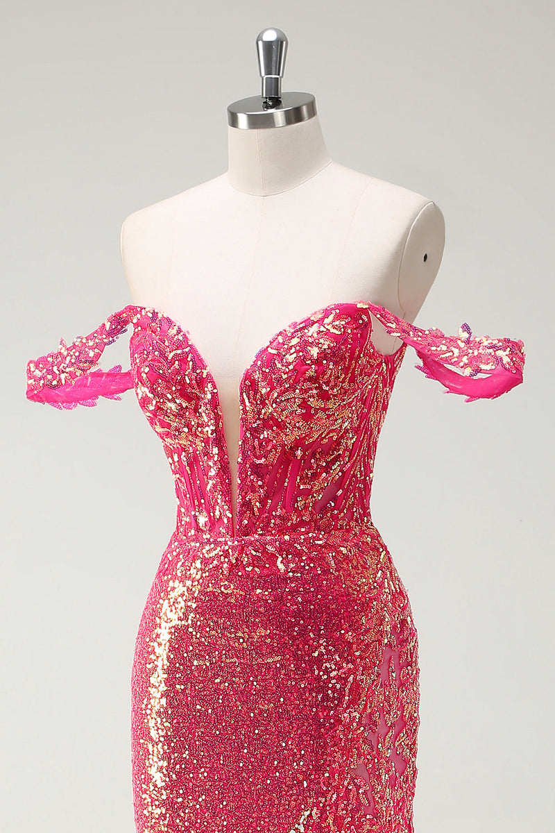 Laden Sie das Bild in den Galerie-Viewer, Glitzer Fuchsia Meerjungfrauen Rückenfrei Korsett Langes Ballkleid mit Schlitz