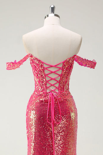 Glitzer Fuchsia Meerjungfrauen Rückenfrei Korsett Langes Ballkleid mit Schlitz