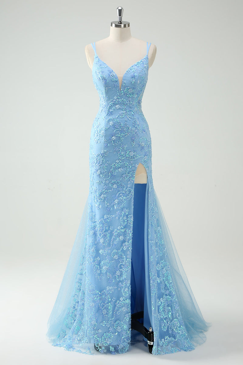 Laden Sie das Bild in den Galerie-Viewer, Glitzer Himmelblau Meerjungfrau Spaghettiträger Langes Ballkleid mit Schlitz