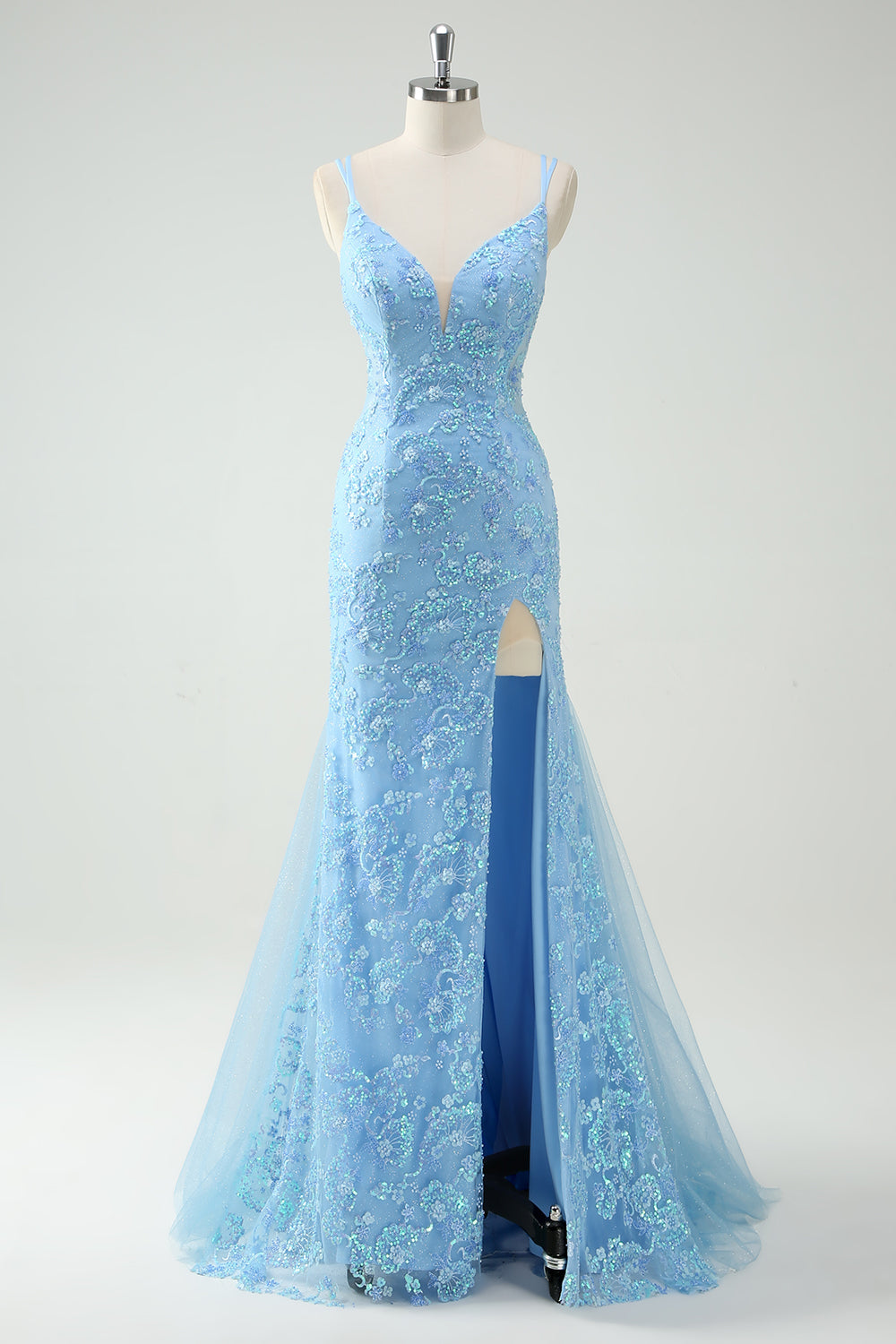 Glitzer Himmelblau Meerjungfrau Spaghettiträger Langes Ballkleid mit Schlitz