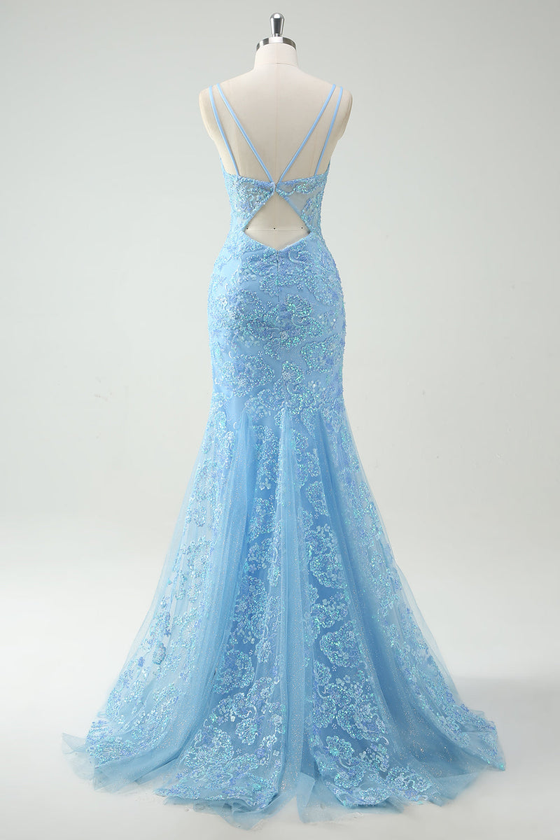 Laden Sie das Bild in den Galerie-Viewer, Glitzer Himmelblau Meerjungfrau Spaghettiträger Langes Ballkleid mit Schlitz