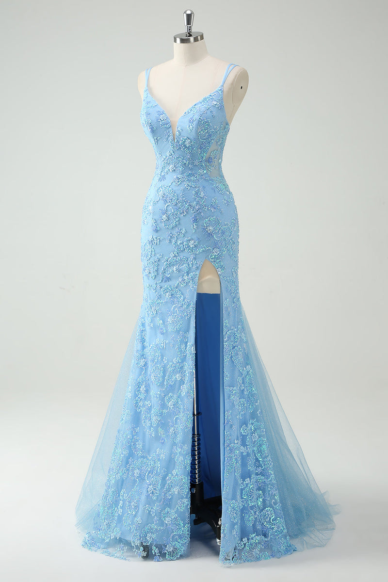 Laden Sie das Bild in den Galerie-Viewer, Glitzer Himmelblau Meerjungfrau Spaghettiträger Langes Ballkleid mit Schlitz