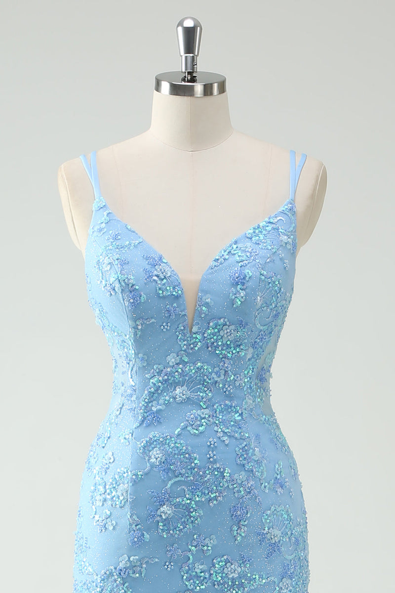 Laden Sie das Bild in den Galerie-Viewer, Glitzer Himmelblau Meerjungfrau Spaghettiträger Langes Ballkleid mit Schlitz