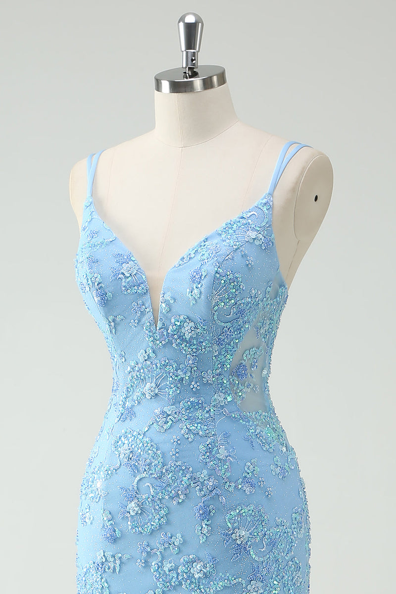 Laden Sie das Bild in den Galerie-Viewer, Glitzer Himmelblau Meerjungfrau Spaghettiträger Langes Ballkleid mit Schlitz