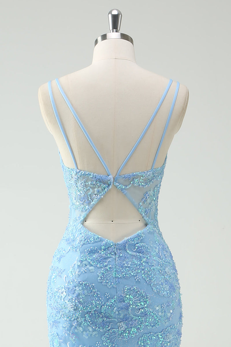 Laden Sie das Bild in den Galerie-Viewer, Glitzer Himmelblau Meerjungfrau Spaghettiträger Langes Ballkleid mit Schlitz