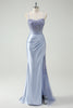 Laden Sie das Bild in den Galerie-Viewer, Hellblau Meerjungfrauen Korsett Satin Langes Ballkleid mit Schlitz